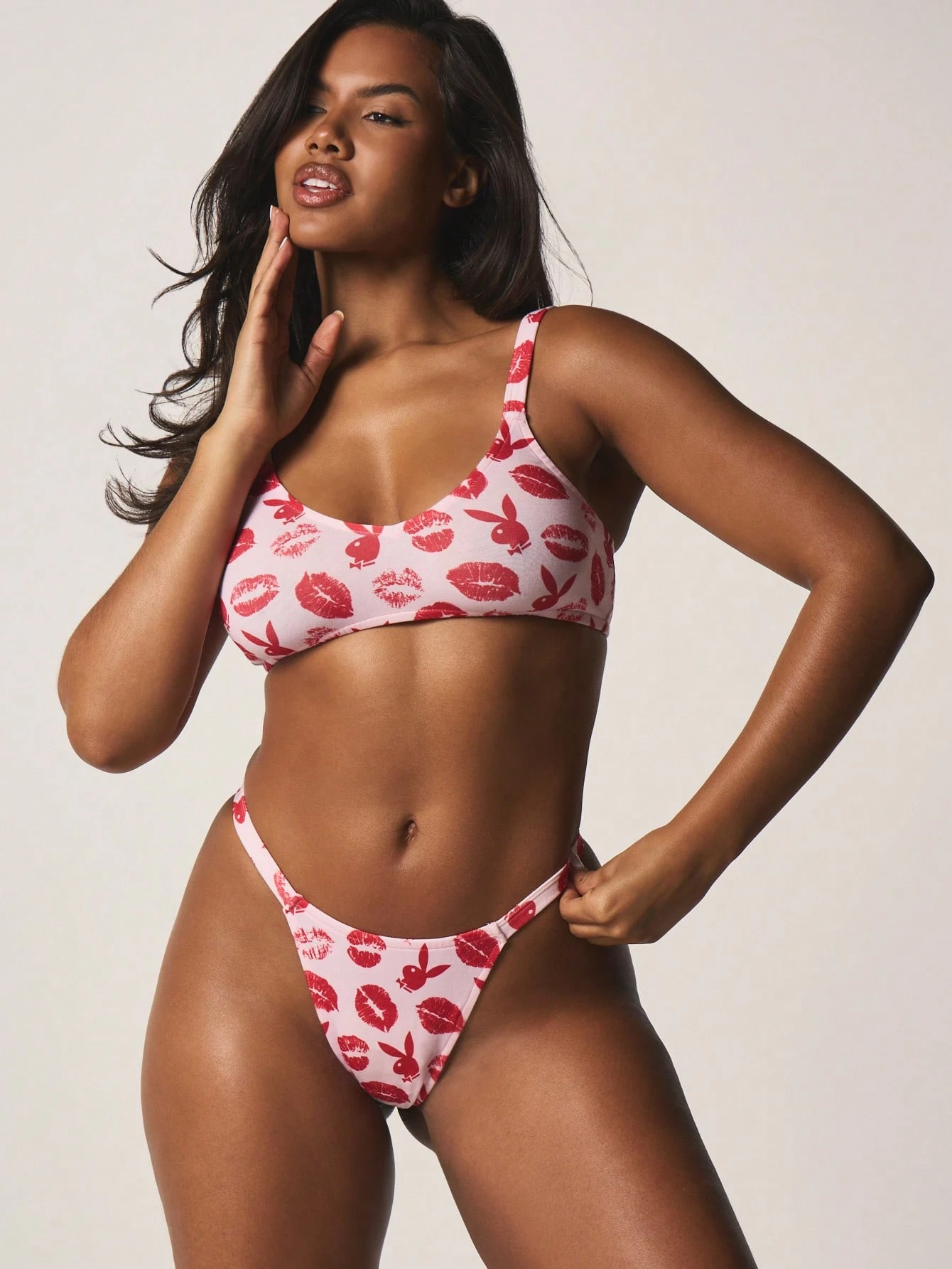 Misyshop x Playboy Lips Print Triangle Bralette And Thong Set For Valentine's Day