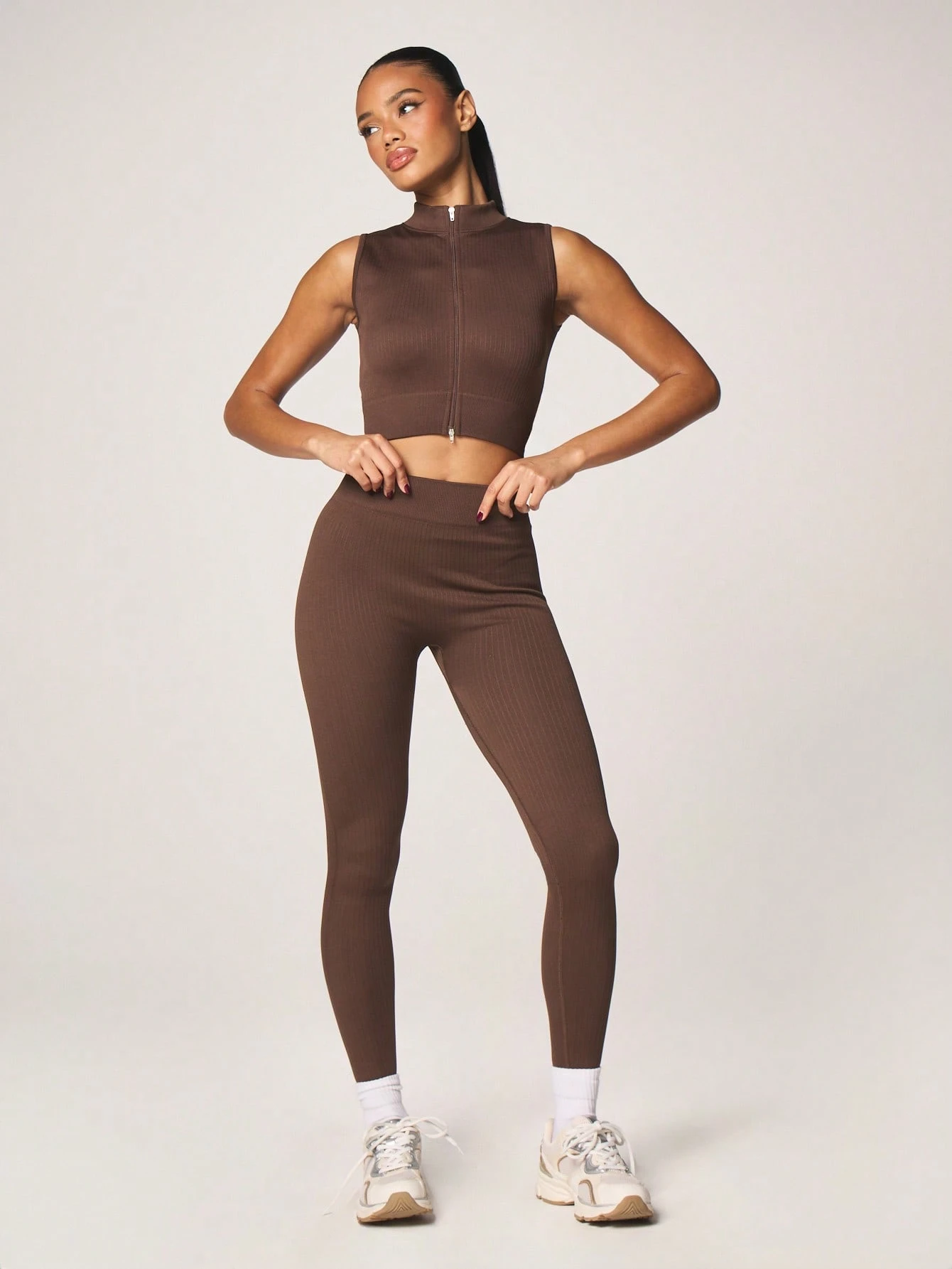 Misyshop Ribbed Zip Up Crop Top With High Waisted Leggings